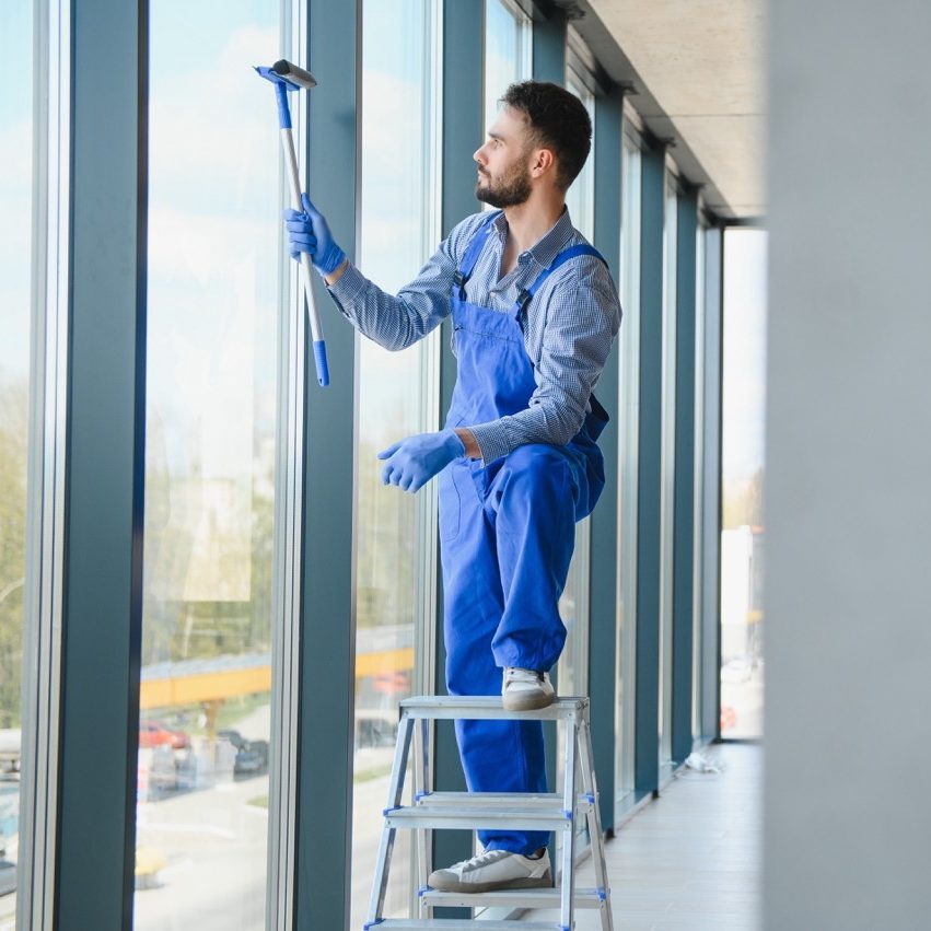 Young man cleaning window in office.